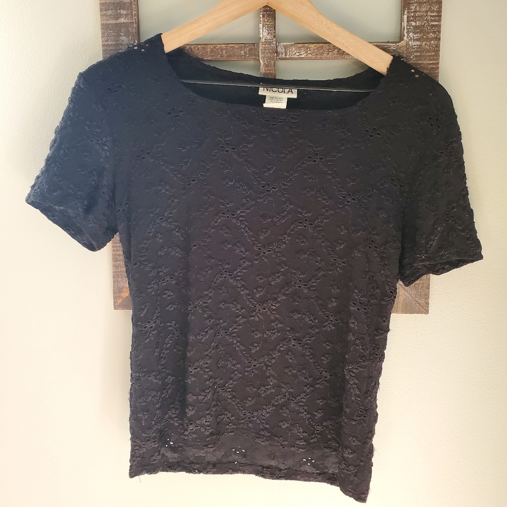 VINTAGE Nicola Size M Black Eyelet Top 80s 90s